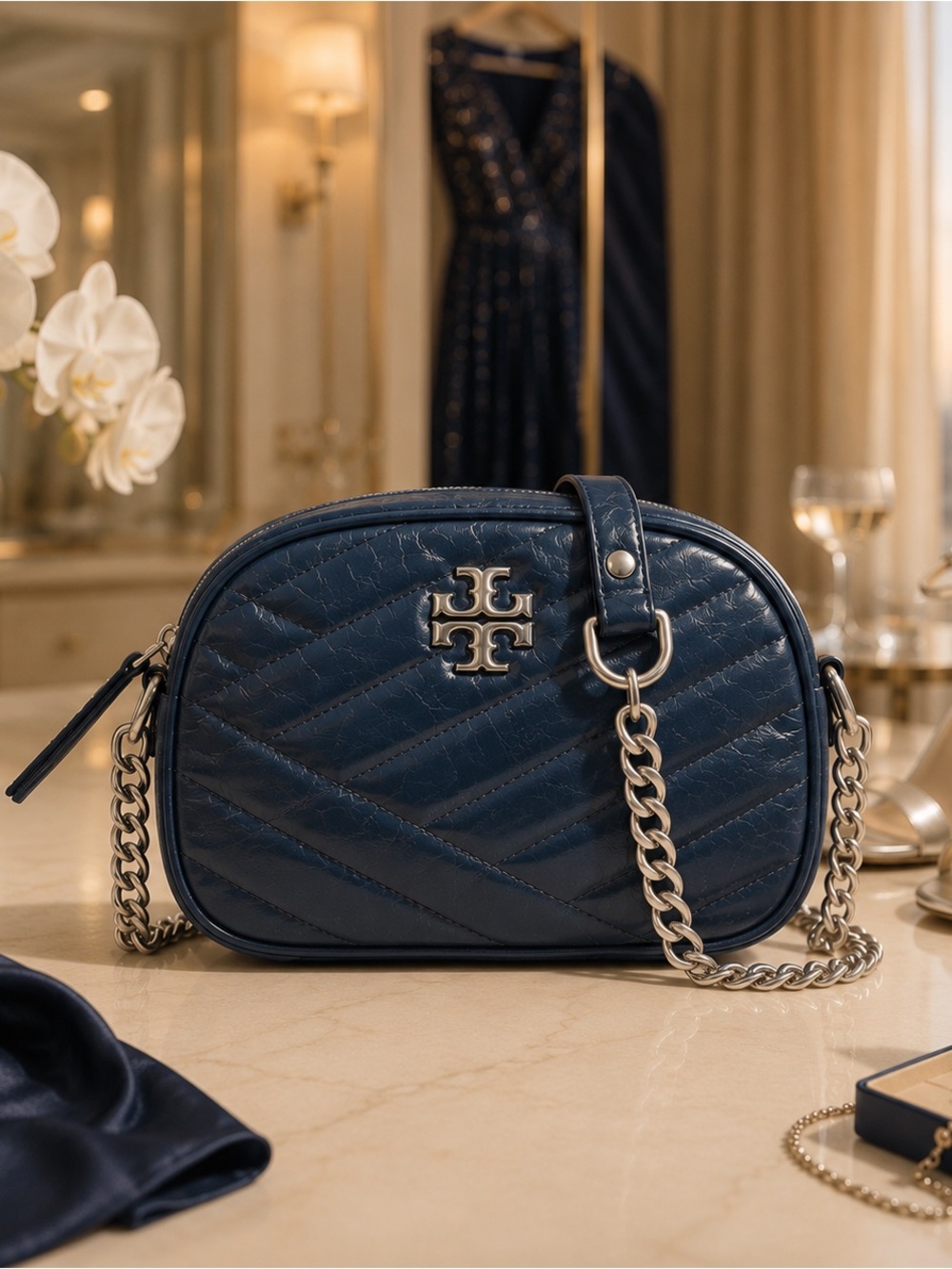 Tory Burch Kira Chevron Camera Bag Navy Blue Leather Silver Hardware